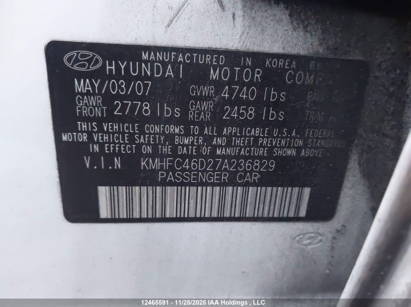 2007 Hyundai Azera VIN: KMHFC46D27A236829 Lot: 12465591