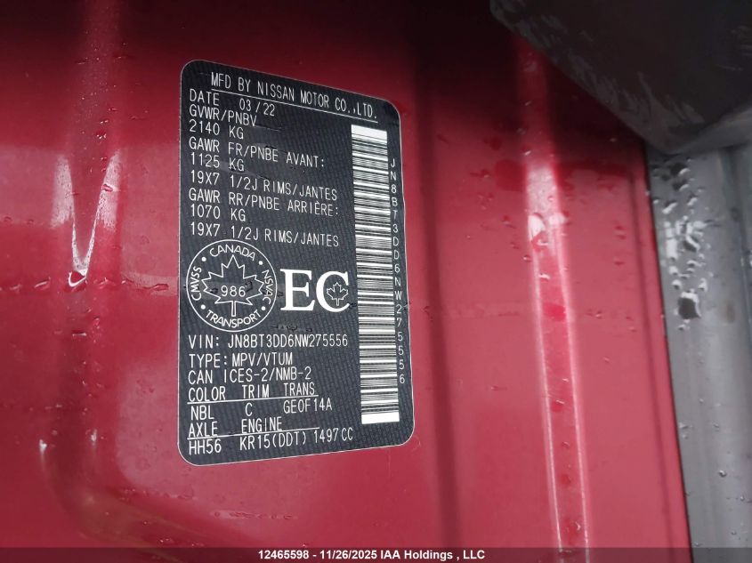 2022 Nissan Rogue Platinum VIN: JN8BT3DD6NW275556 Lot: 12465598