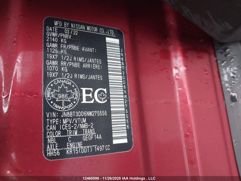 2022 Nissan Rogue Platinum VIN: JN8BT3DD6NW275556 Lot: 12465598