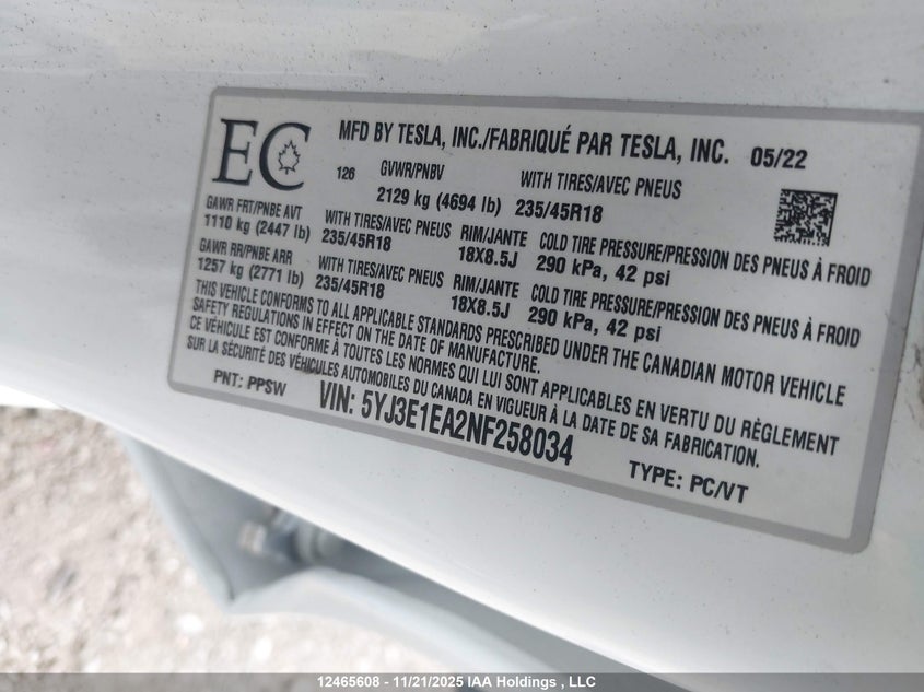 5YJ3E1EA2NF258034 2022 TESLA MODEL 3 photo no. 9