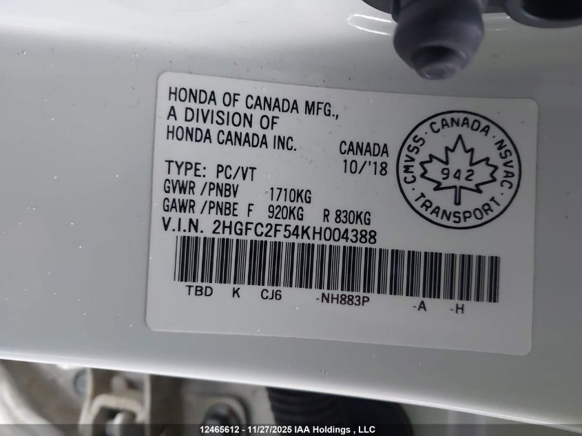 2019 Honda Civic Lx VIN: 2HGFC2F54KH004388 Lot: 12465612