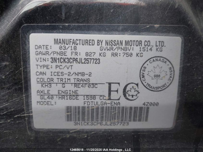 2018 Nissan Micra VIN: 3N1CK3CP6JL257723 Lot: 12465618