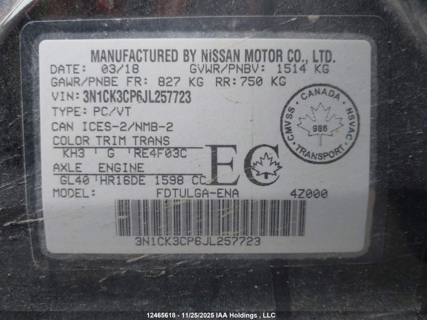 2018 Nissan Micra VIN: 3N1CK3CP6JL257723 Lot: 12465618