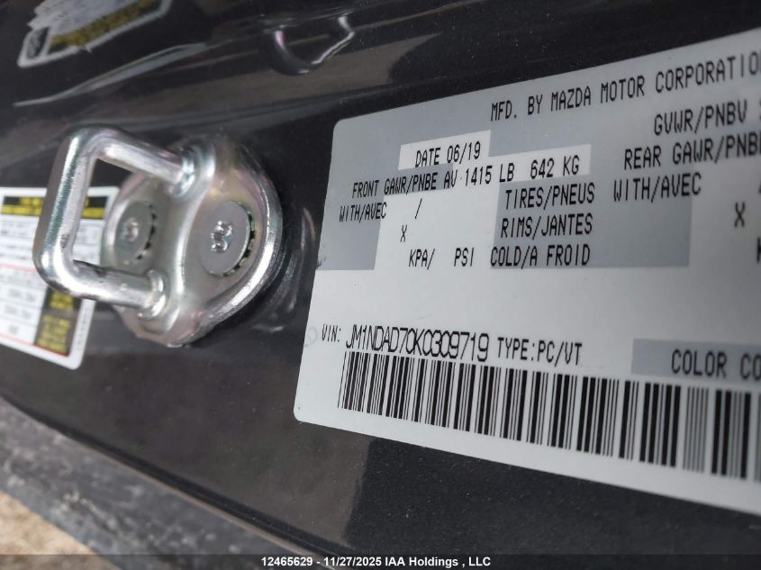 2019 Mazda Mx-5 VIN: JM1NDAD70K0309719 Lot: 12465629