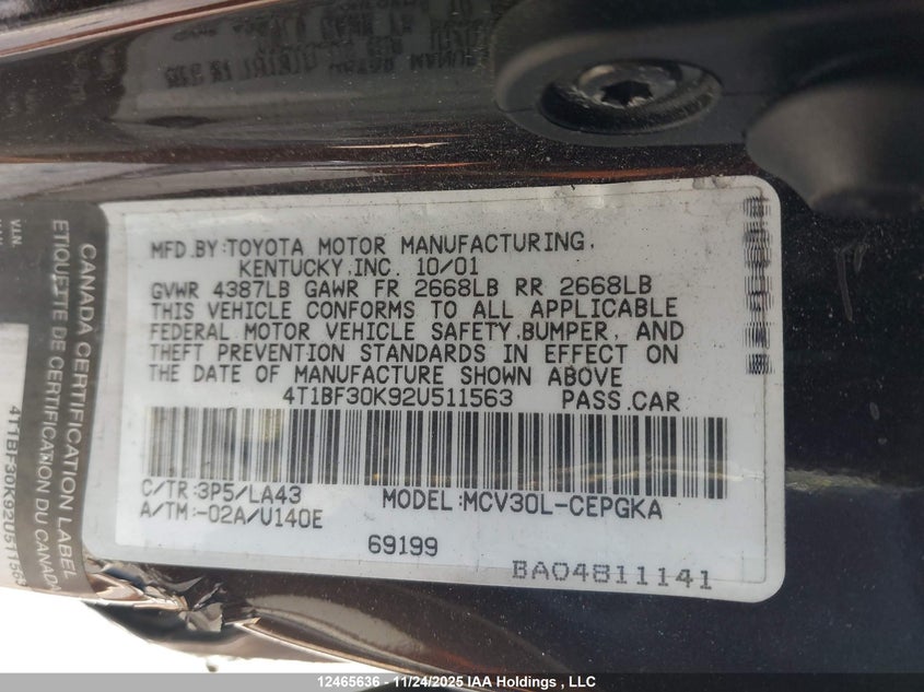 4T1BF30K92U511563 2002 TOYOTA CAMRY photo no. 9