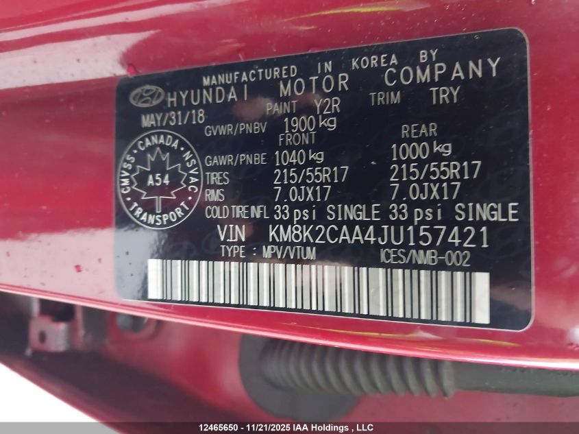 2018 Hyundai Kona Sel VIN: KM8K2CAA4JU157421 Lot: 12465650