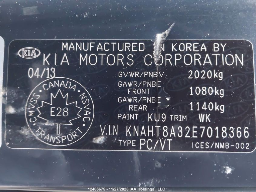 2014 Kia Rondo Lx VIN: KNAHT8A32E7018366 Lot: 12465675