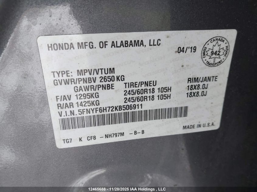 2019 Honda Pilot Ex-L Navi VIN: 5FNYF6H72KB506911 Lot: 12465688