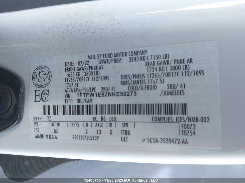 2022 Ford F150 Supercrew VIN: 1FTFW1E82NKE50273 Lot: 12465713