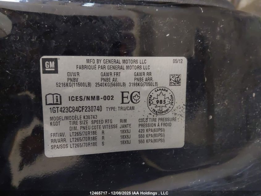 2012 GMC Sierra 3500Hd Sle VIN: 1GT423C84CF230740 Lot: 12465717