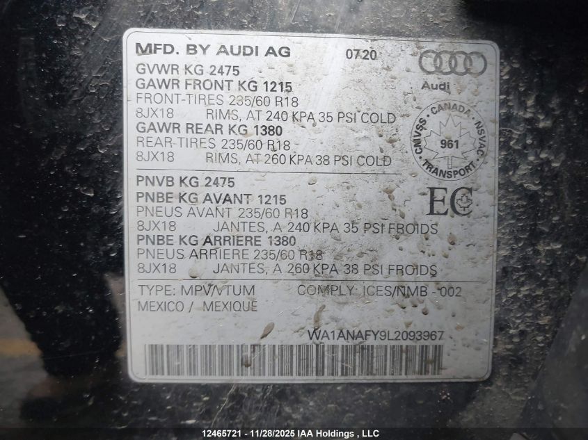 2020 Audi Q5 45 Komfort VIN: WA1ANAFY9L2093967 Lot: 12465721