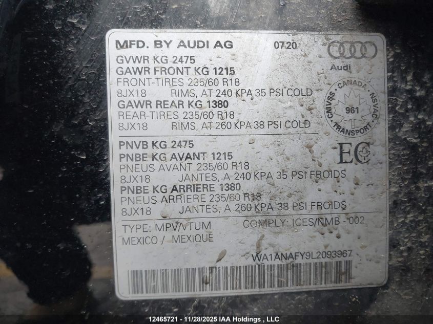 2020 Audi Q5 45 Komfort VIN: WA1ANAFY9L2093967 Lot: 12465721