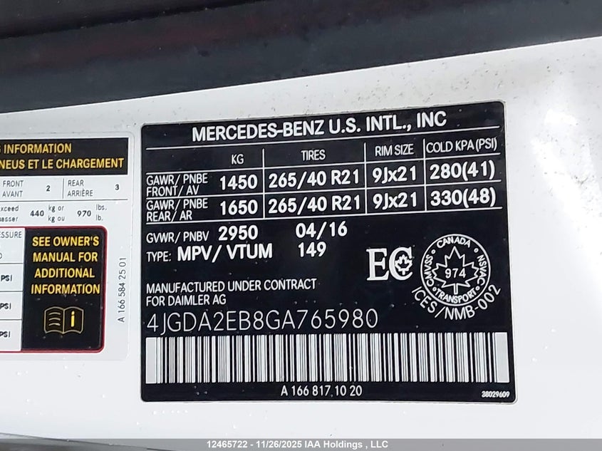 4JGDA2EB8GA765980 2016 MERCEDES-BENZ  photo no. 9