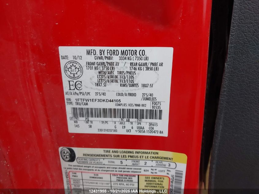 2013 Ford F-150 Fx4 VIN: 1FTFW1EF3DKD44105 Lot: 12431955X