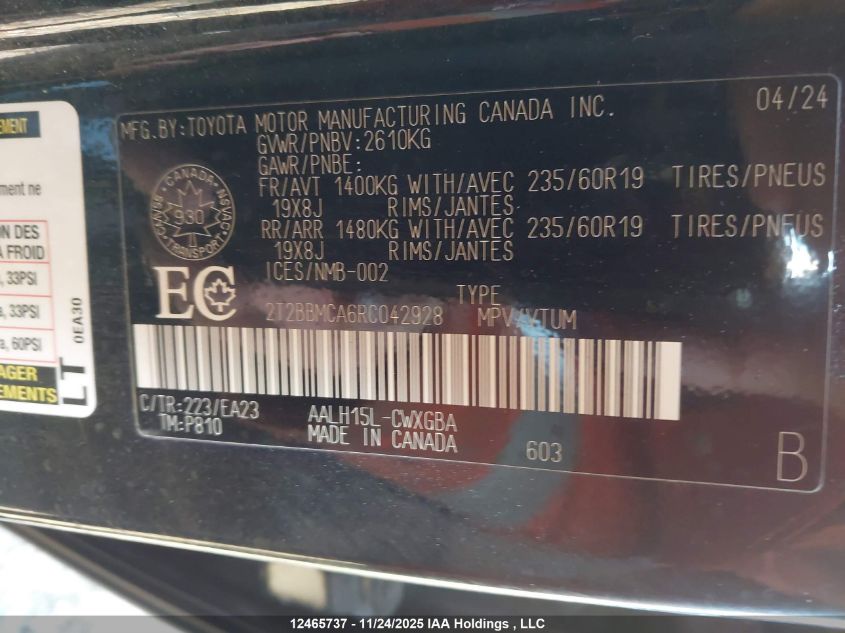 2024 Lexus Rx 350H Base/350H Premium/350H Premium Plus/350H Luxury VIN: 2T2BBMCA6RC042928 Lot: 12465737