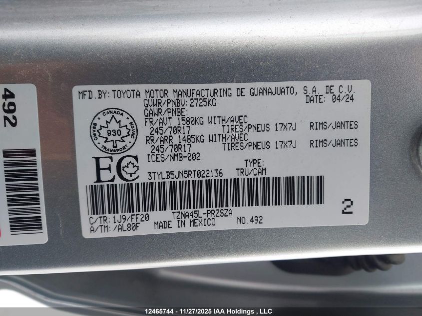 2024 Toyota Tacoma VIN: 3TYLB5JN5RT022136 Lot: 12465744