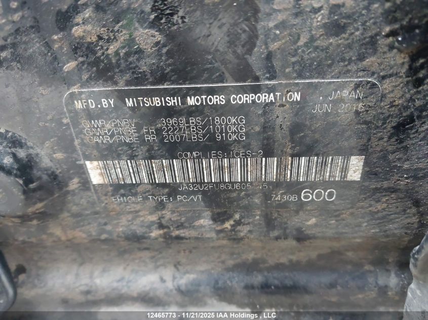 2016 Mitsubishi Lancer Es/Se Ltd VIN: JA32U2FU8GU605145 Lot: 12465773