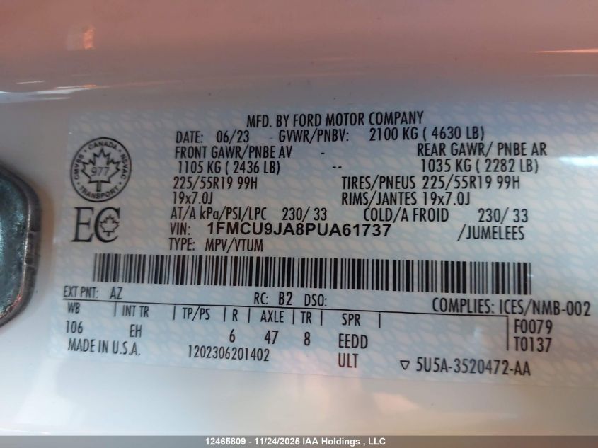 2023 Ford Escape VIN: 1FMCU9JA8PUA61737 Lot: 12465809