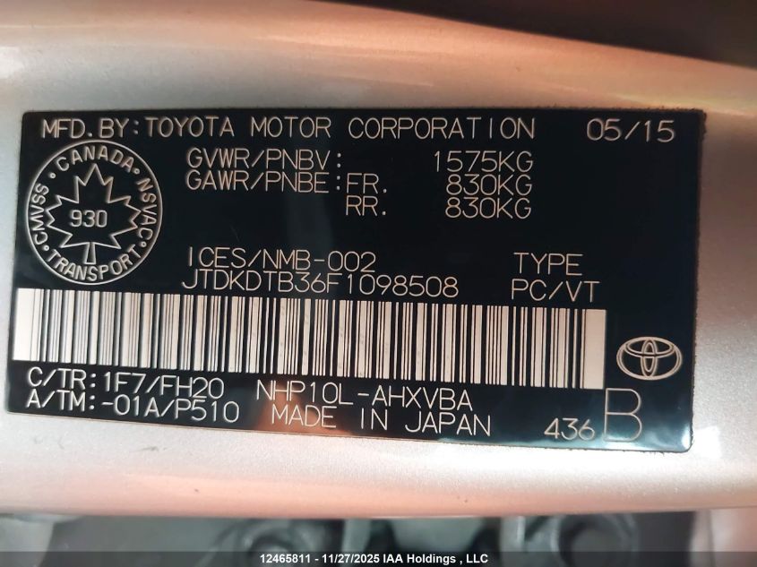 2015 Toyota Prius C VIN: JTDKDTB36F1098508 Lot: 12465811