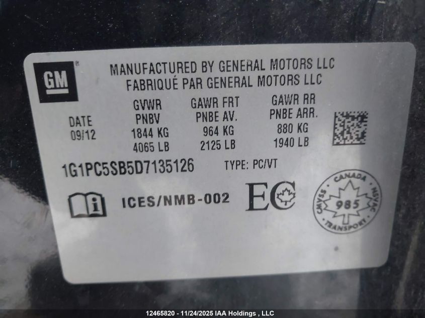 2013 Chevrolet Cruze Lt Turbo VIN: 1G1PC5SB5D7135126 Lot: 12465820