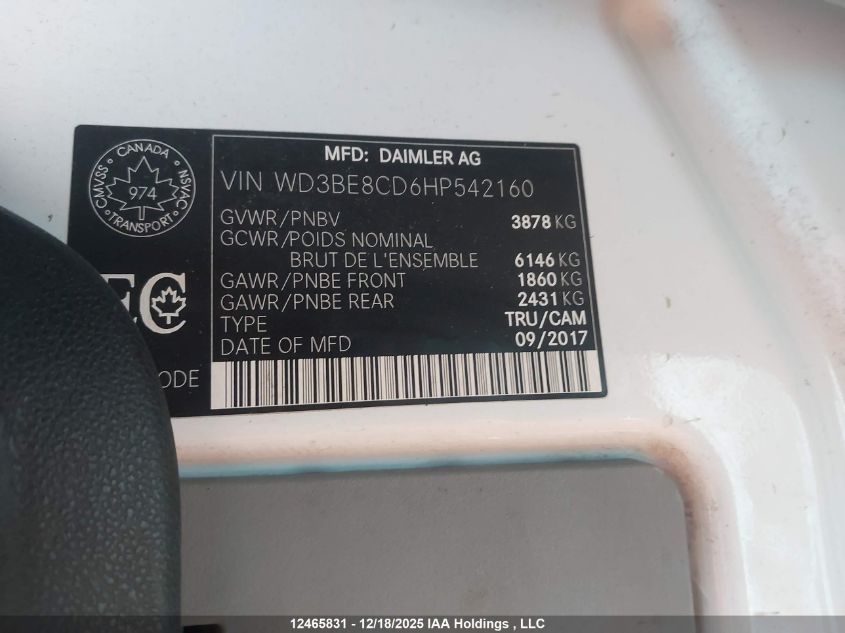 2017 Mercedes-Benz Sprinter 2500 VIN: WD3BE8CD6HP542160 Lot: 12465831