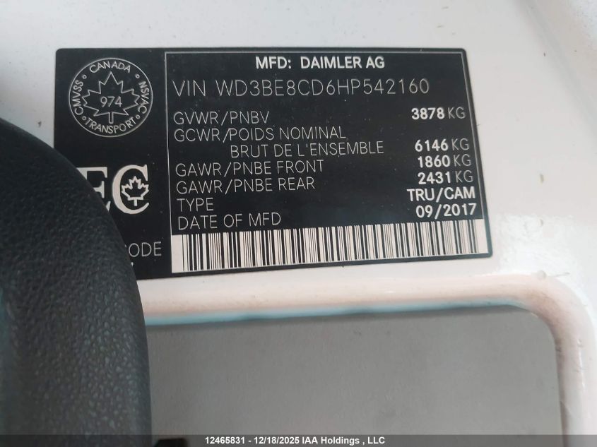 2017 Mercedes-Benz Sprinter 2500 VIN: WD3BE8CD6HP542160 Lot: 12465831