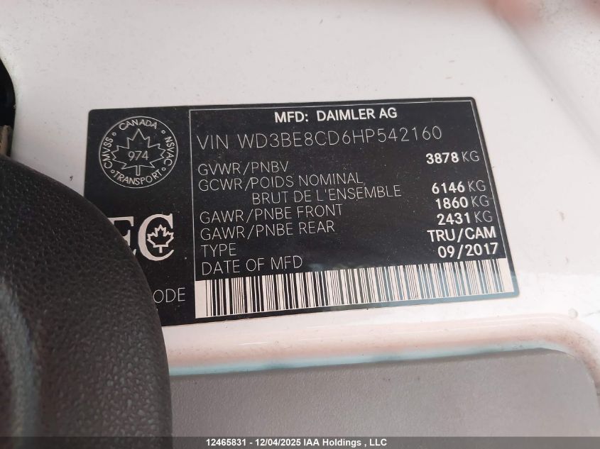 2017 Mercedes-Benz Sprinter 2500 VIN: WD3BE8CD6HP542160 Lot: 12465831
