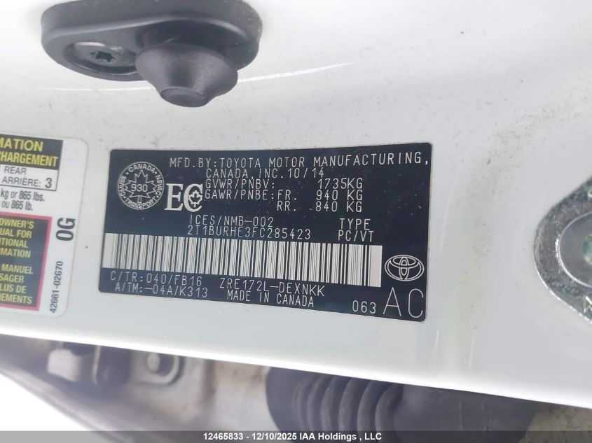 2015 Toyota Corolla VIN: 2T1BURHE3FC285423 Lot: 12465833