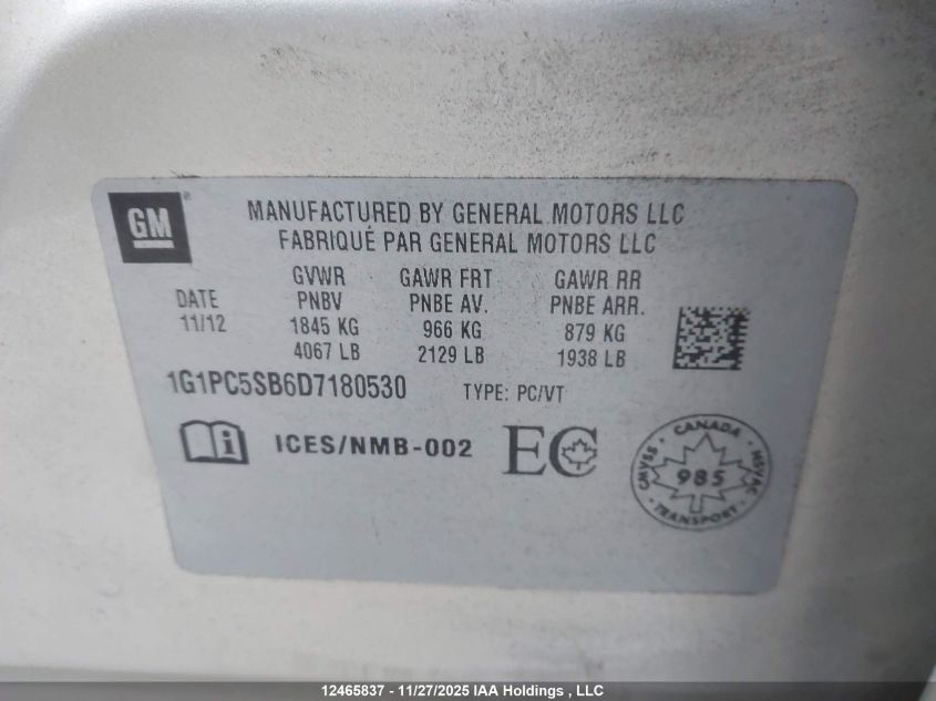 2013 Chevrolet Cruze Lt Turbo VIN: 1G1PC5SB6D7180530 Lot: 12465837