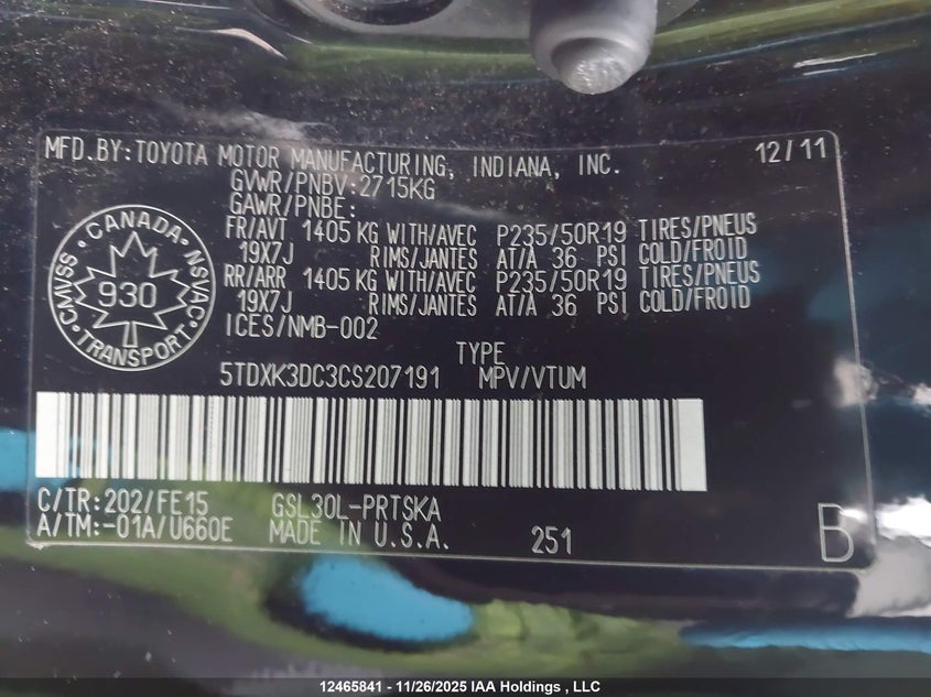 2012 Toyota Sienna Se 8 Passenger VIN: 5TDXK3DC3CS207191 Lot: 12465841