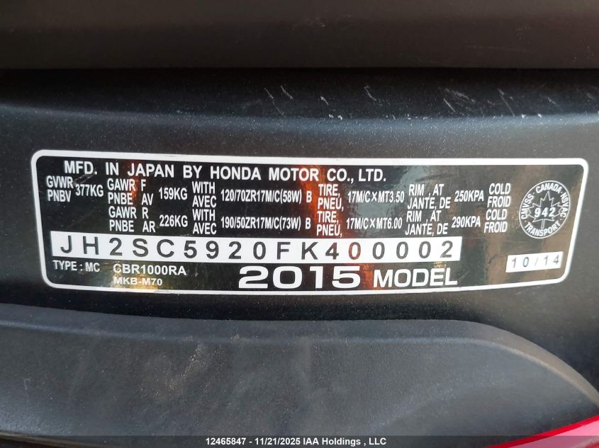 2015 Honda Cbr1000 Ra VIN: JH2SC5920FK400002 Lot: 12465847