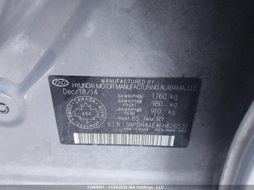 2015 Hyundai Elantra Se/Sport/Limited VIN: 5NPDH4AE4FH626531 Lot: 12465851