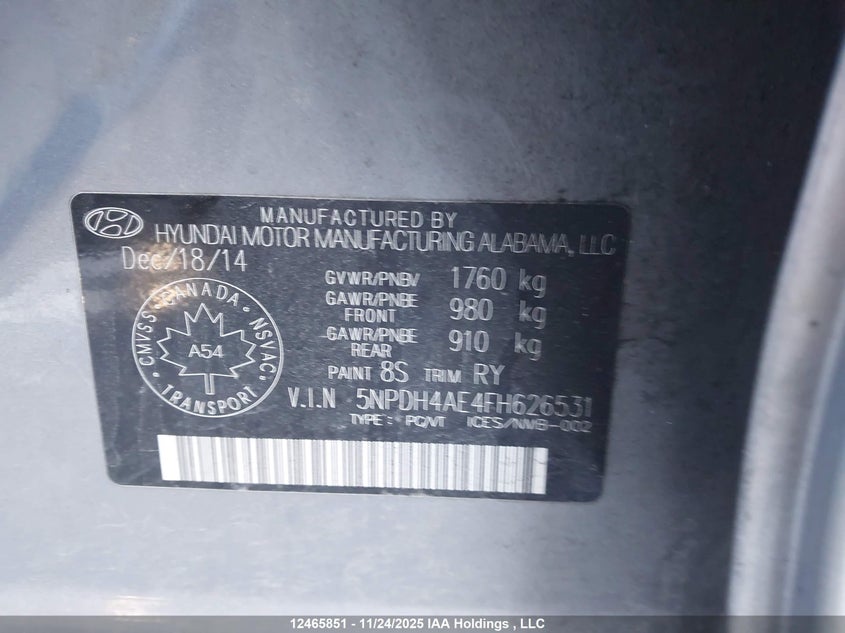 2015 Hyundai Elantra Se/Sport/Limited VIN: 5NPDH4AE4FH626531 Lot: 12465851