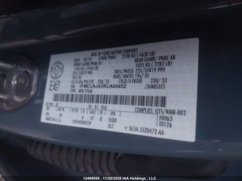 2024 Ford Escape Platinum VIN: 1FMCU9JA5RUA60452 Lot: 12465855