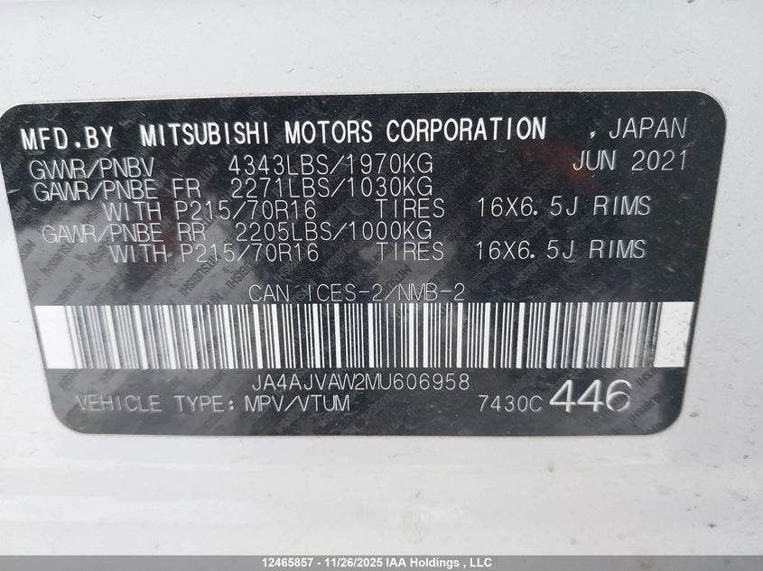 2021 Mitsubishi Rvr Gt/Le/Se/Sel VIN: JA4AJVAW2MU606958 Lot: 12465857