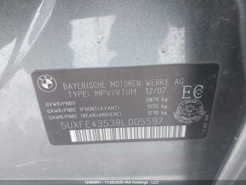 2008 BMW X5 3.0Si VIN: 5UXFE43538L005597 Lot: 12465861