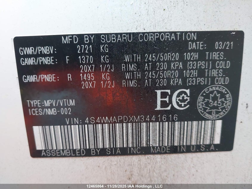 2021 Subaru Ascent Limited VIN: 4S4WMAPDXM3441616 Lot: 12465864