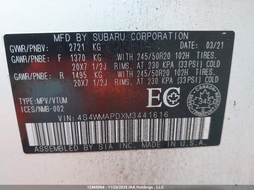 2021 Subaru Ascent Limited VIN: 4S4WMAPDXM3441616 Lot: 12465864