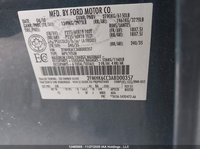 2010 Ford Flex Sel VIN: 2FMHK6CC3ABD00357 Lot: 12465888