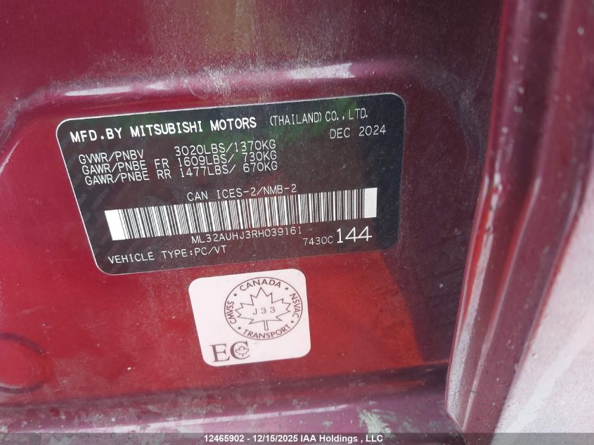 2024 Mitsubishi Mirage VIN: ML32AUHJ3RH039161 Lot: 12465902