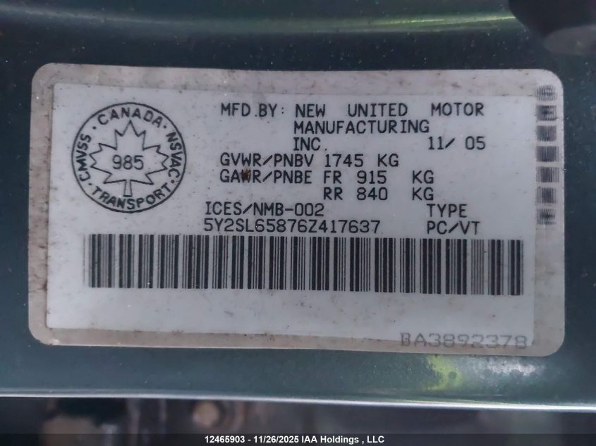 2006 Pontiac Vibe VIN: 5Y2SL65876Z417637 Lot: 12465903