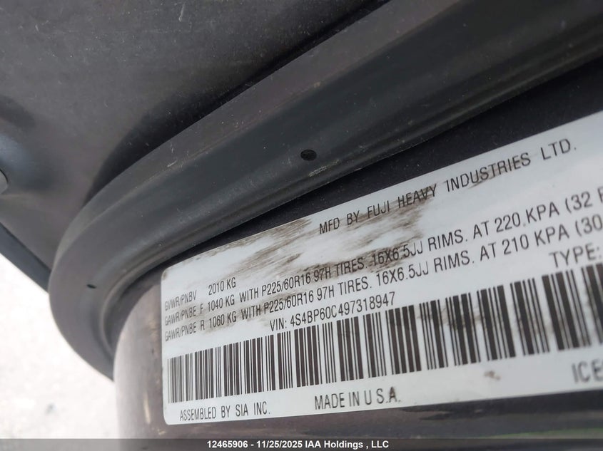 2009 Subaru Legacy Pzev VIN: 4S4BP60C497318947 Lot: 12465906