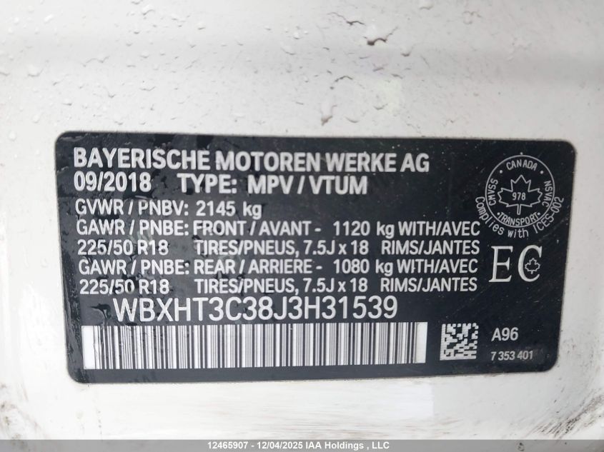 2018 BMW X1 xDrive28I VIN: WBXHT3C38J3H31539 Lot: 12465907