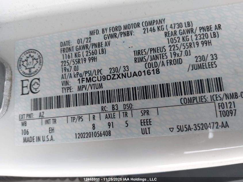 2022 Ford Escape Titanium Hybrid VIN: 1FMCU9DZXNUA01618 Lot: 12465911