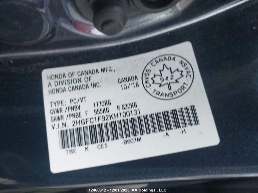 2019 Honda Civic Touring VIN: 2HGFC1F92KH100131 Lot: 12465912