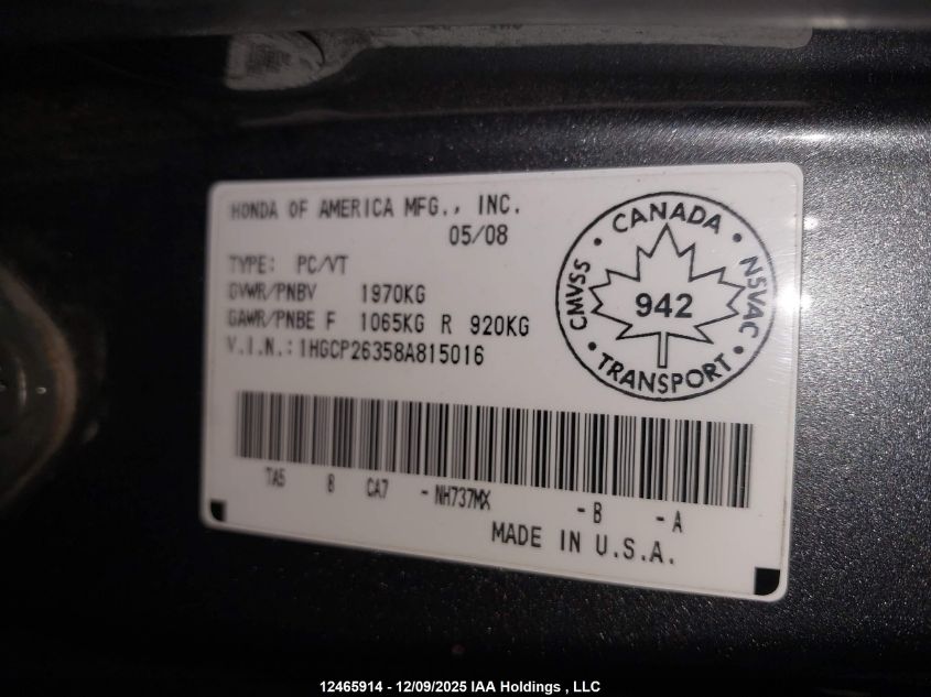 2008 Honda Accord Lx VIN: 1HGCP26358A815016 Lot: 12465914