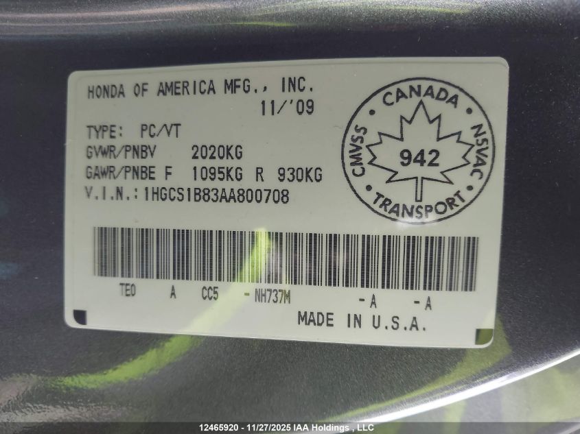 2010 Honda Accord Ex-L VIN: 1HGCS1B83AA800708 Lot: 12465920