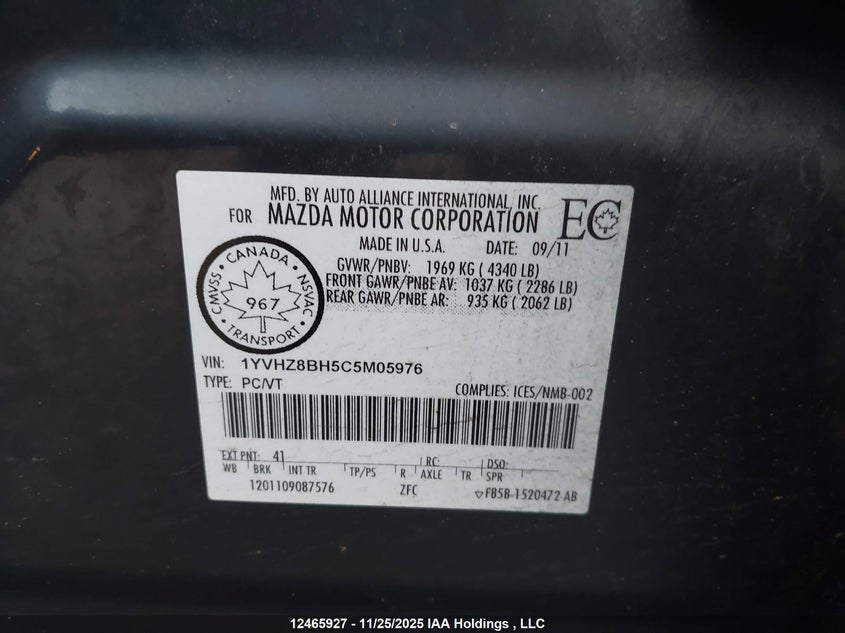 1YVHZ8BH5C5M05976 2012 MAZDA 6 photo no. 9