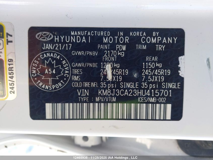 2017 Hyundai Tucson Limited/Sport And Eco/Se VIN: KM8J3CA23HU415701 Lot: 12465935