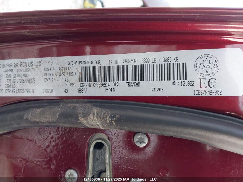 2017 Ram 1500 Slt VIN: 1C6RR7GTXHS630914 Lot: 12465936